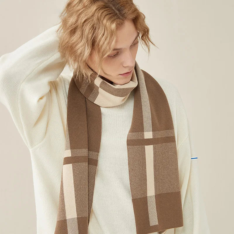 High Quality Wool Blend Scarf Men Thick Versatile Stripe Cashmere Muffler