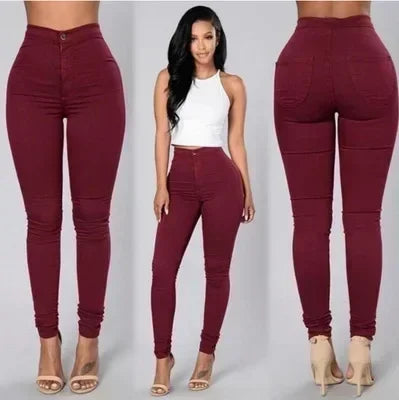 Solid Color Stretch Denim Jeans - Women's High-Waist Skinny Casual Pencil Pants