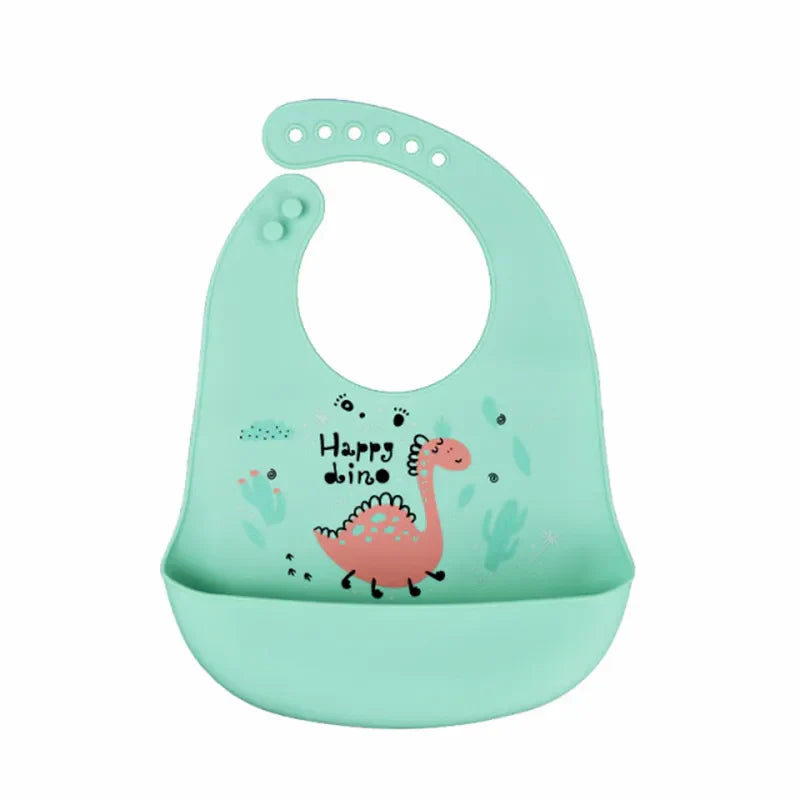Waterproof Baby Bibs with Adorable Cartoon Dinosaur Print – Adjustable, Soft Silicone Material for Mess-Free Toddler Feeding