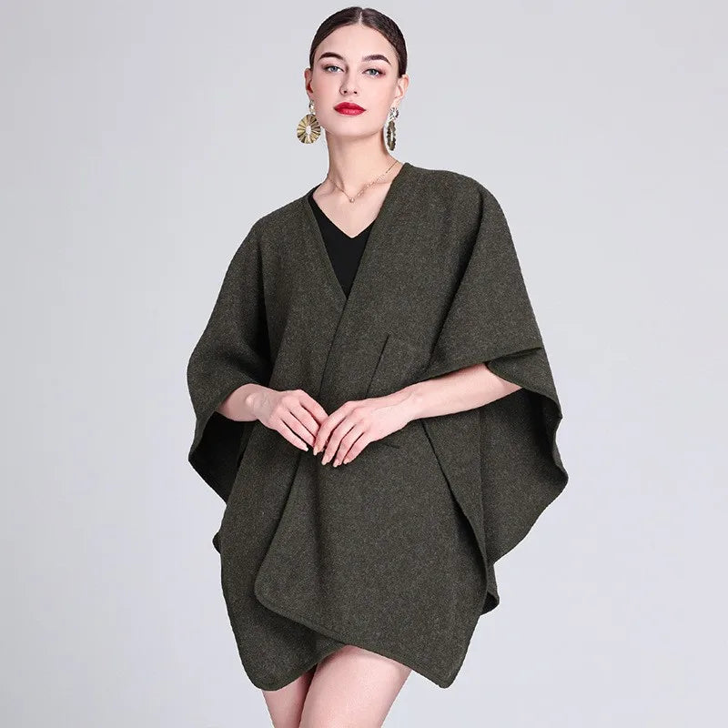 Casual Wool Blend Poncho Coat in Solid Color for Women