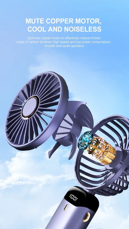 USB Handheld Mini Fan - Foldable, Portable, Neck Hanging, 5-Speed Rechargeable Fan with Phone Stand & Display Screen