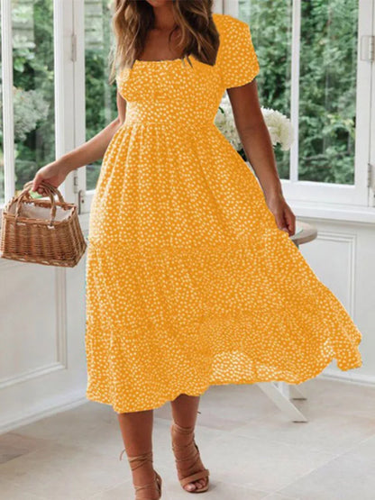 Vintage Print Puff Sleeve Maxi Dress - Summer Floral Casual Dress