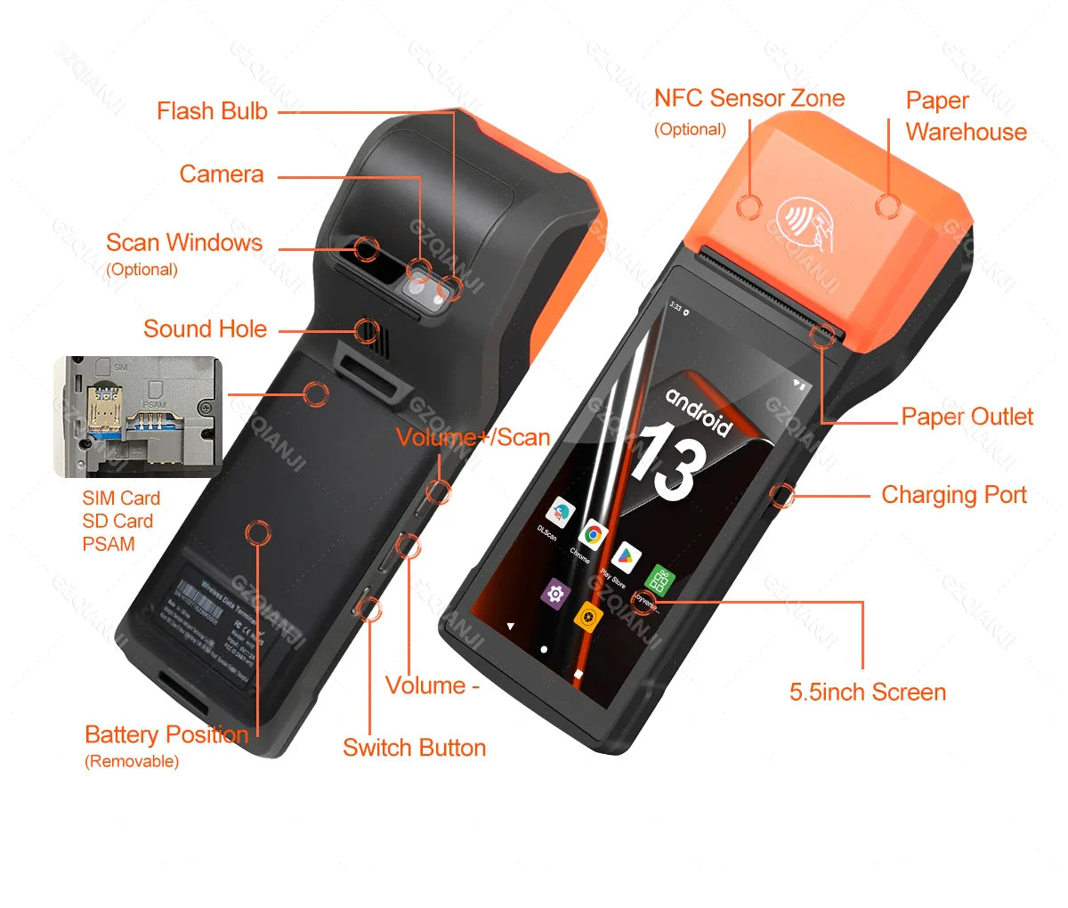 New 4G Wireless Wifi Handheld PDA Printers Android 8.1 13 POS Terminal Touch Screen Built-in 2D Barcode Scanner NFC Card Reader