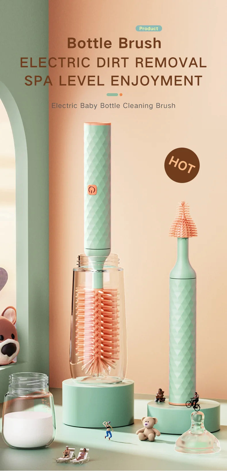 Electric Silicone Bottle Brush 360 Degree Rotating Baby Pacifier Cup Pacifier Cleaning Brush Set with 1200mAh Lithium Battery