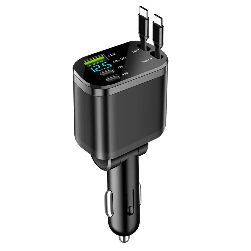 5 IN 1 Retractable Car Charger USB Type C PD Retractable Cable For iPhone Samsung Fast Charging Cord Cigarette Lighter Adapter