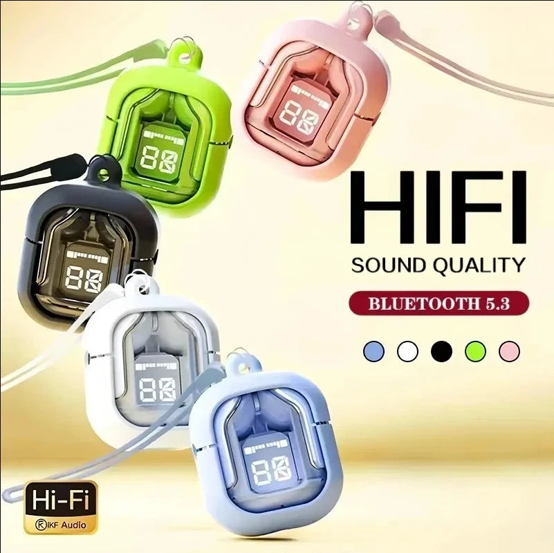 T2 TWS Gaming Earbuds Bluetooth 5.3 with HiFi stereo, noise reduction, waterproof design, LED display, and touch control for immersive gaming