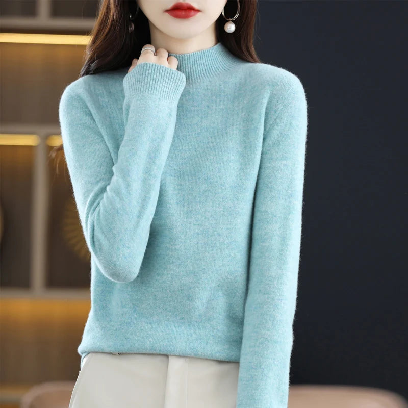 Women’s 100% Pure Wool Half Neck Pullover Sweater for Winter