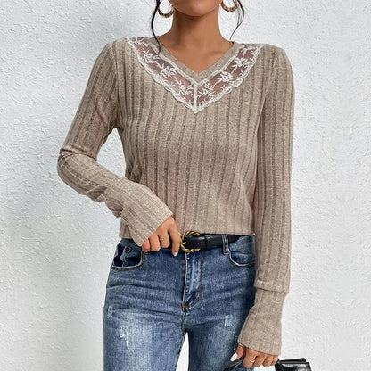 Women's Lace V-Neck Slim Fit Knitted T-Shirt with Patchwork