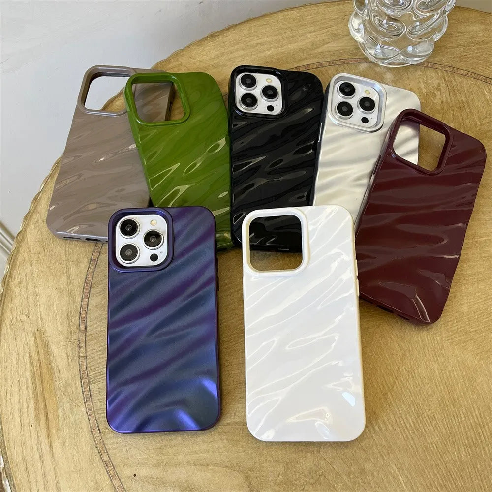 Luxury Plating 3D Wave Pattern Glossy Case For iPhone 16 15 14 13 12 11 Pro Max X XS Max XR 7 8 Plus Fashion Bright Bumper Cover