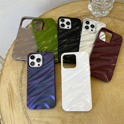 Luxury Plating 3D Wave Pattern Glossy Case For iPhone 16 15 14 13 12 11 Pro Max X XS Max XR 7 8 Plus Fashion Bright Bumper Cover