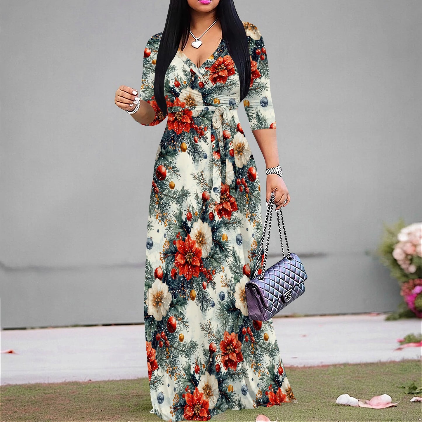 Vintage Floral V-Neck Maxi Dress - Casual Belted Summer Style
