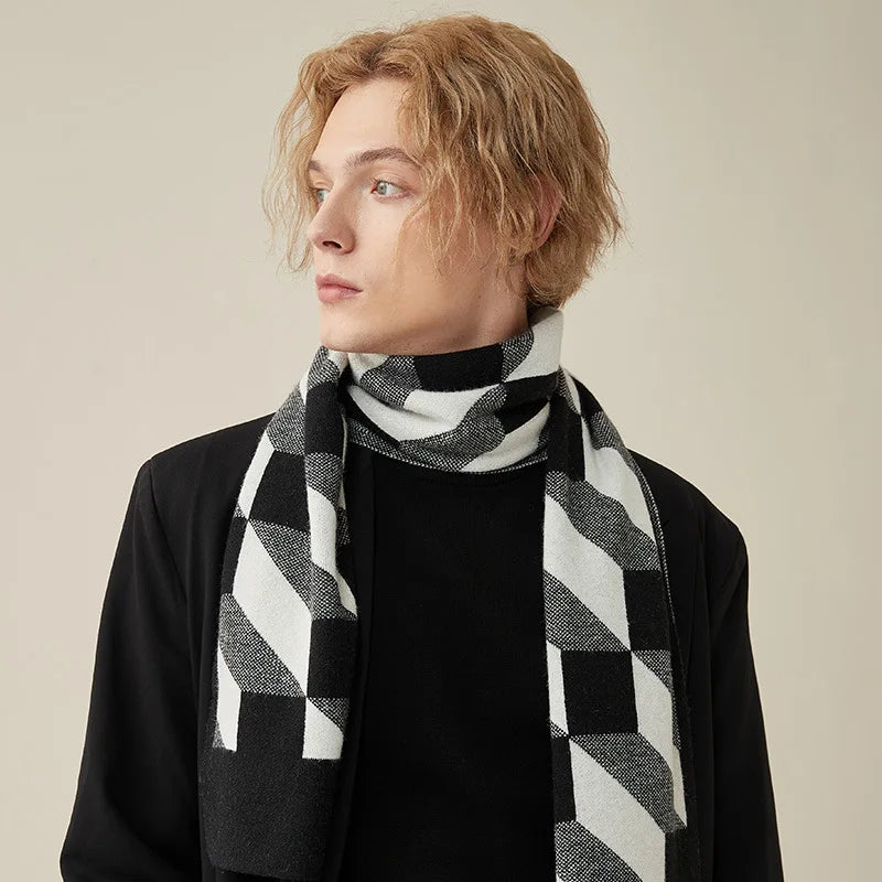 High Quality Wool Blend Scarf Men Thick Versatile Stripe Cashmere Muffler