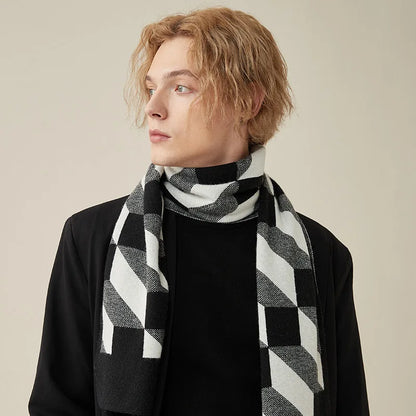 High Quality Wool Blend Scarf Men Thick Versatile Stripe Cashmere Muffler
