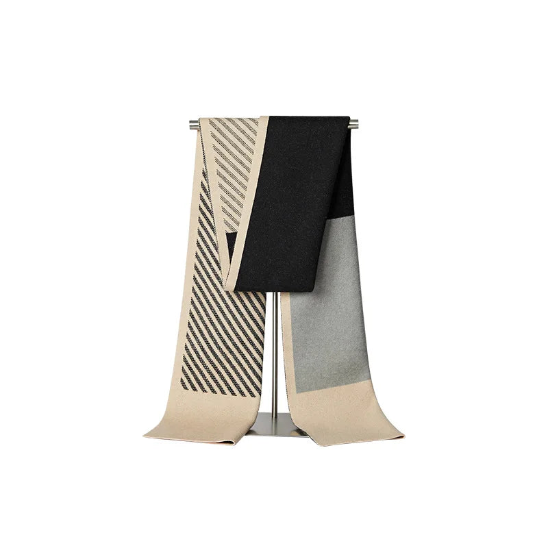 High Quality Wool Blend Scarf Men Thick Versatile Stripe Cashmere Muffler