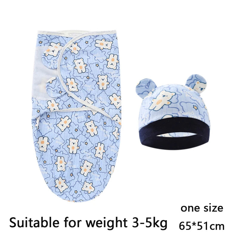 Newborn Cotton Baby Swaddle Wrap Adjustable Sleepsack Hat Set