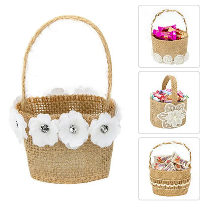 Wedding Lace Burlap Flower Basket Linen Candy Storage Bag Wedding Party Baby Shower Favour Gift Bag