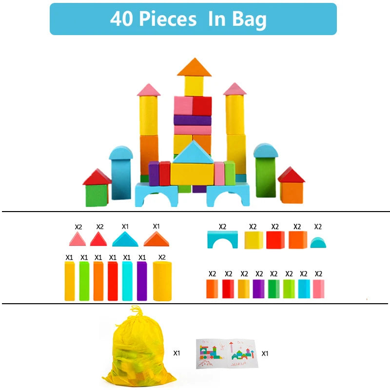 Wooden Building Blocks Toy Set with Storage Bag for Kids