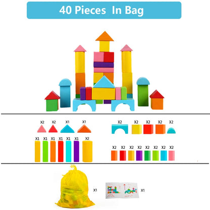 Wooden Building Blocks Toy Set with Storage Bag for Kids
