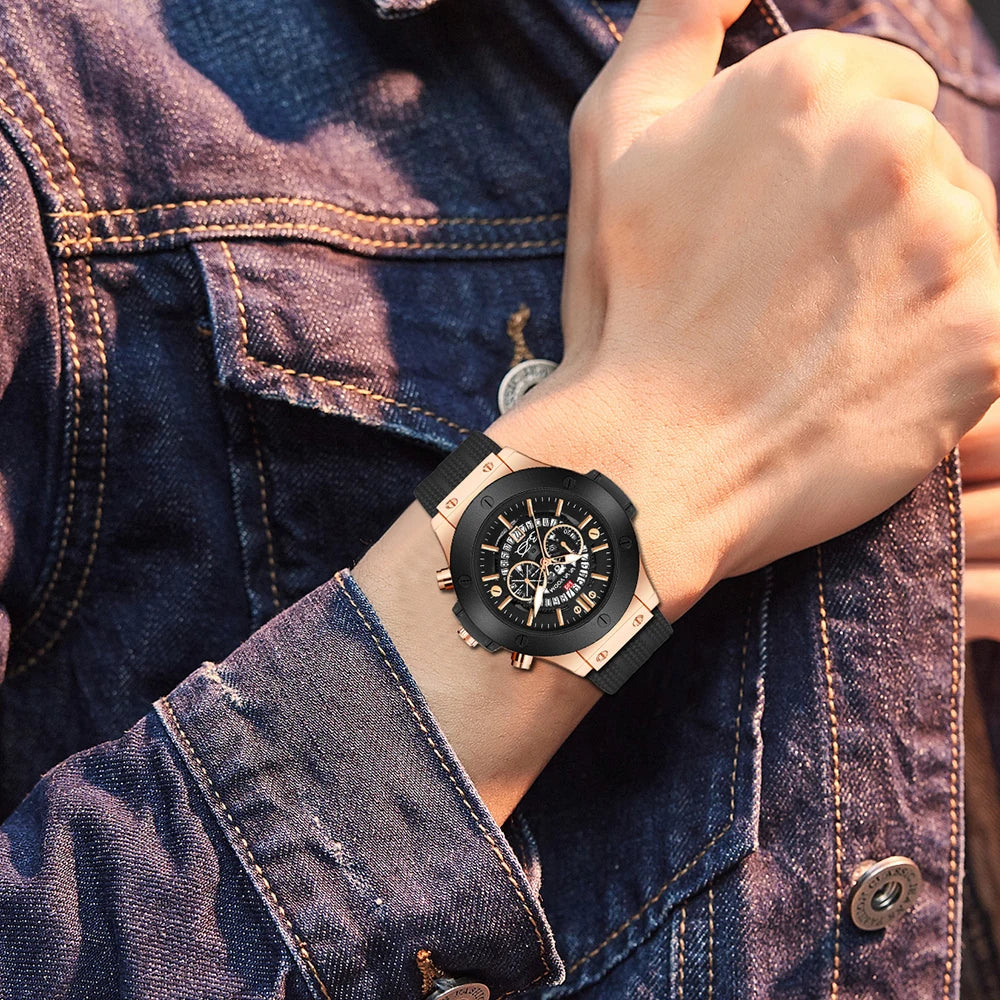 Men's Sports Watch – Quartz Waterproof Japanese Movement Timepiece Calendar & Silicone Strap