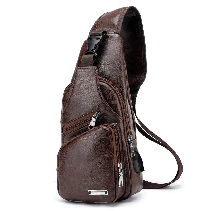 Elosung Black Men's Leather Sling Backpack Casual Crossbody Chest Bag
