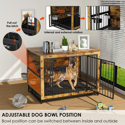 Furniture Style Dog Crate,Wooden Heavy Duty/ Raised Feeder/Dogs 2 Stainless Steel Bowls Brown/Gray