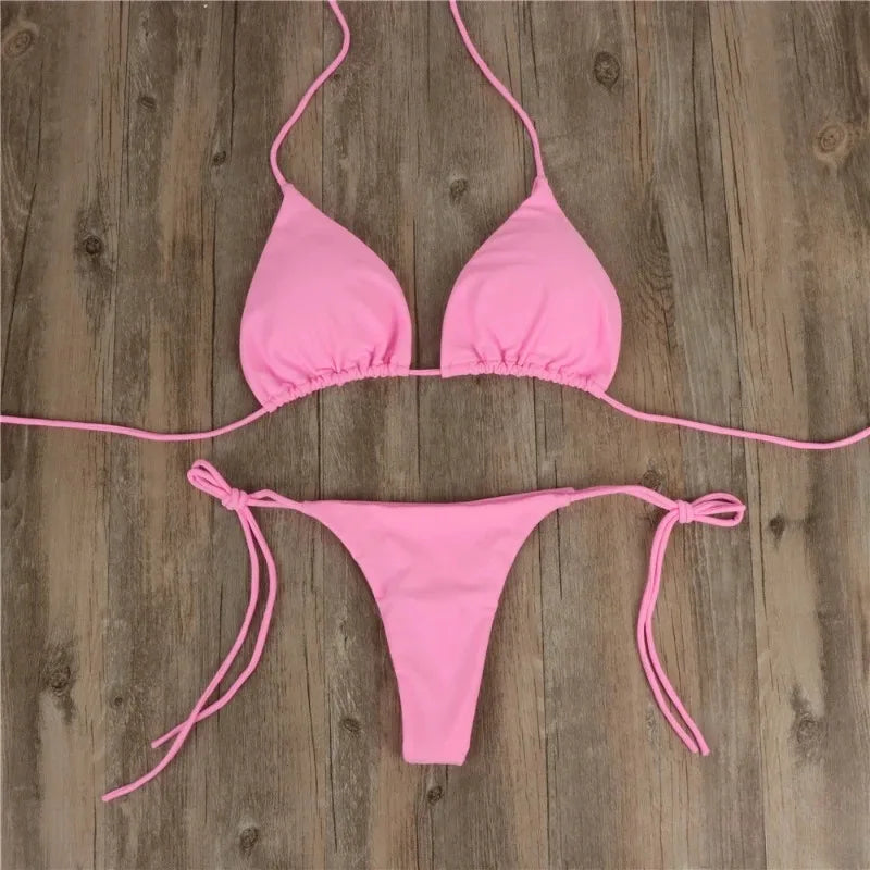 Women Thong Bikini Set Side Tie Sexy Swimsuit Bandage Style Brazilian Swimwear Neck Hanging Solid Color Adjustable Swimsuit Set