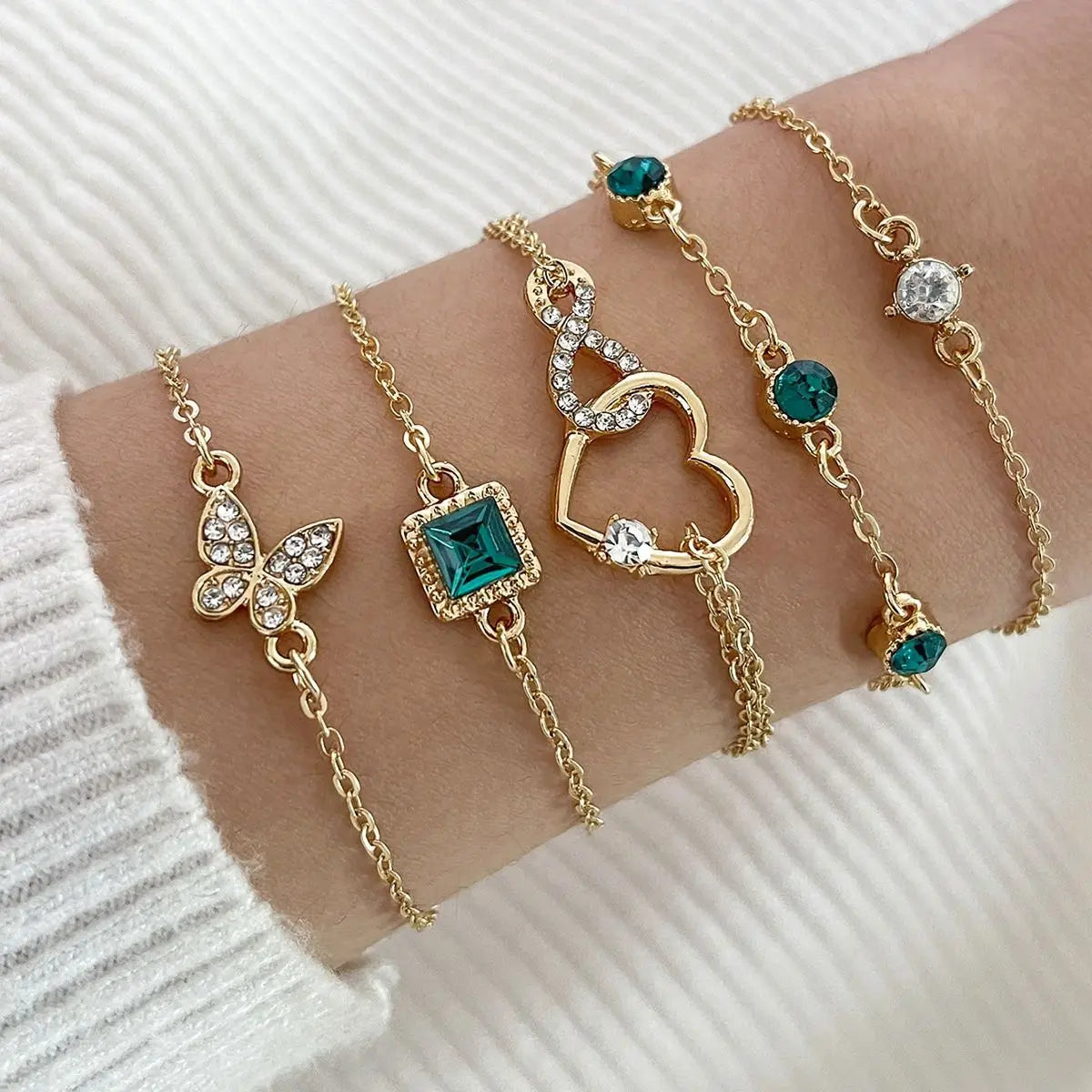 Women's Bohemian 5-Piece Heart Green Crystal Bracelets Set