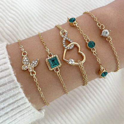 Women's Bohemian 5-Piece Heart Green Crystal Bracelets Set