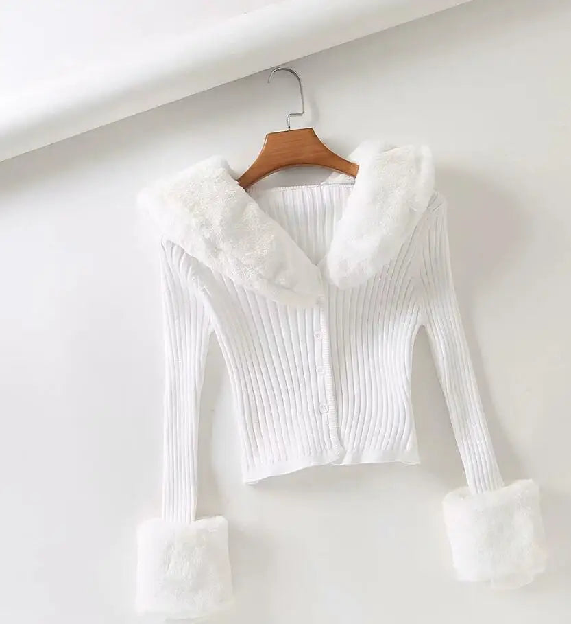 Women's Vintage Joker Costume Knitted Cardigan with Fur Collar
