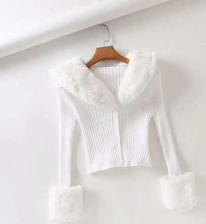 Women's Vintage Joker Costume Knitted Cardigan with Fur Collar