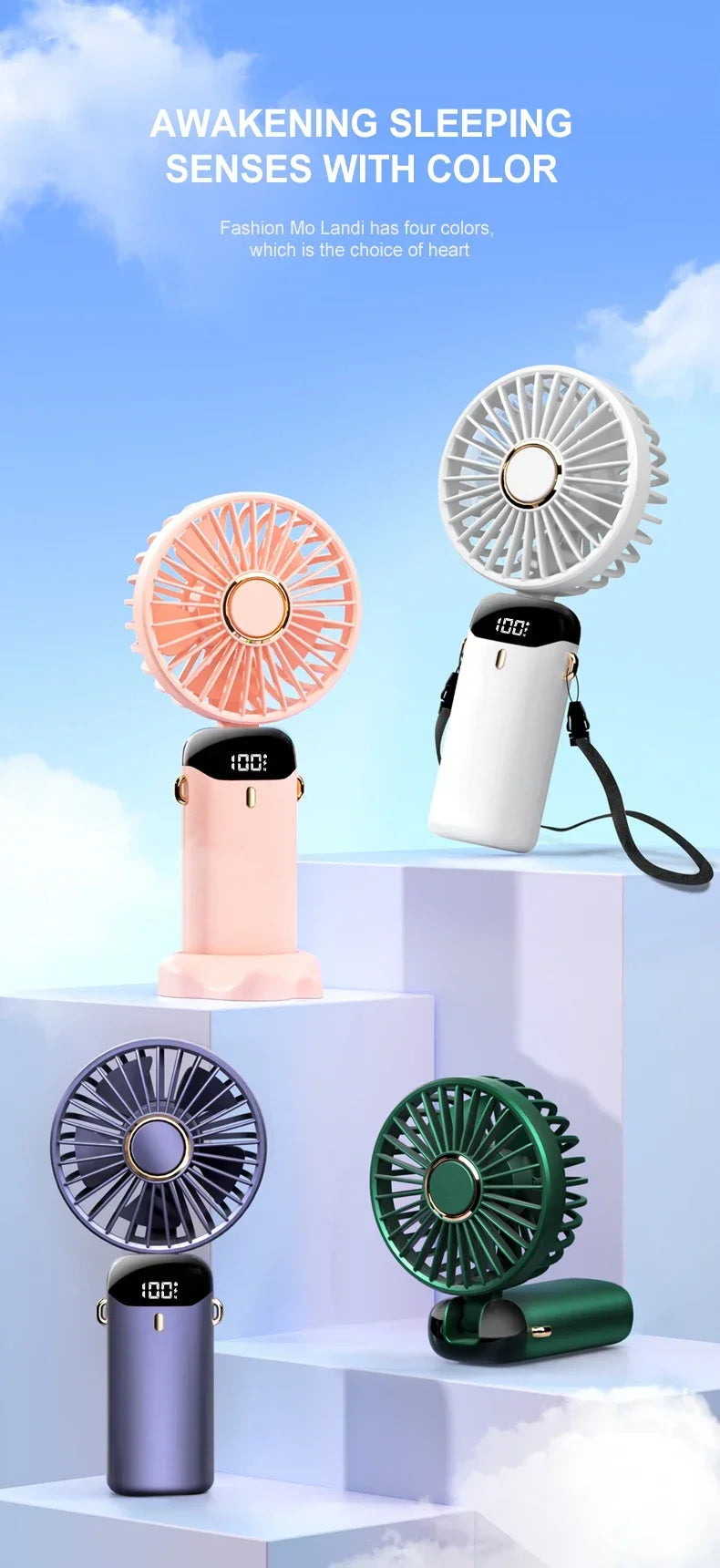 USB Handheld Mini Fan - Foldable, Portable, Neck Hanging, 5-Speed Rechargeable Fan with Phone Stand & Display Screen