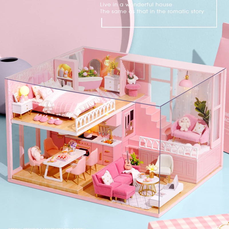 Wooden Miniature Doll House DIY Duplex Apartment Production 3D Puzzle Assembly Building Toy Decoration with Furniture Dollhouse