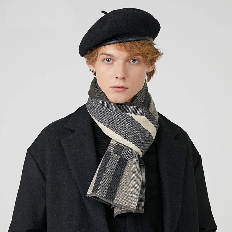 High Quality Wool Blend Scarf Men Thick Versatile Stripe Cashmere Muffler