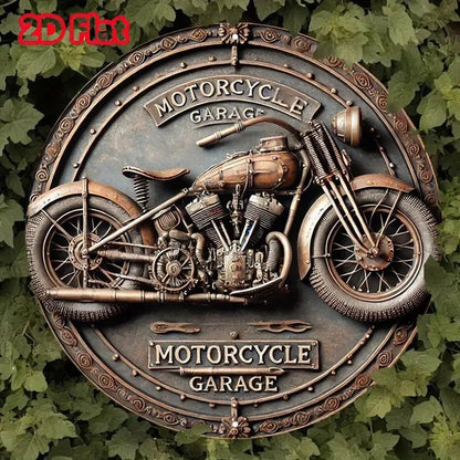 2D Vintage Retro 8x8" Aluminum Sign - Round Motorcycle Garage Metal Tin Wall Decor For Home, Garage, Cafe