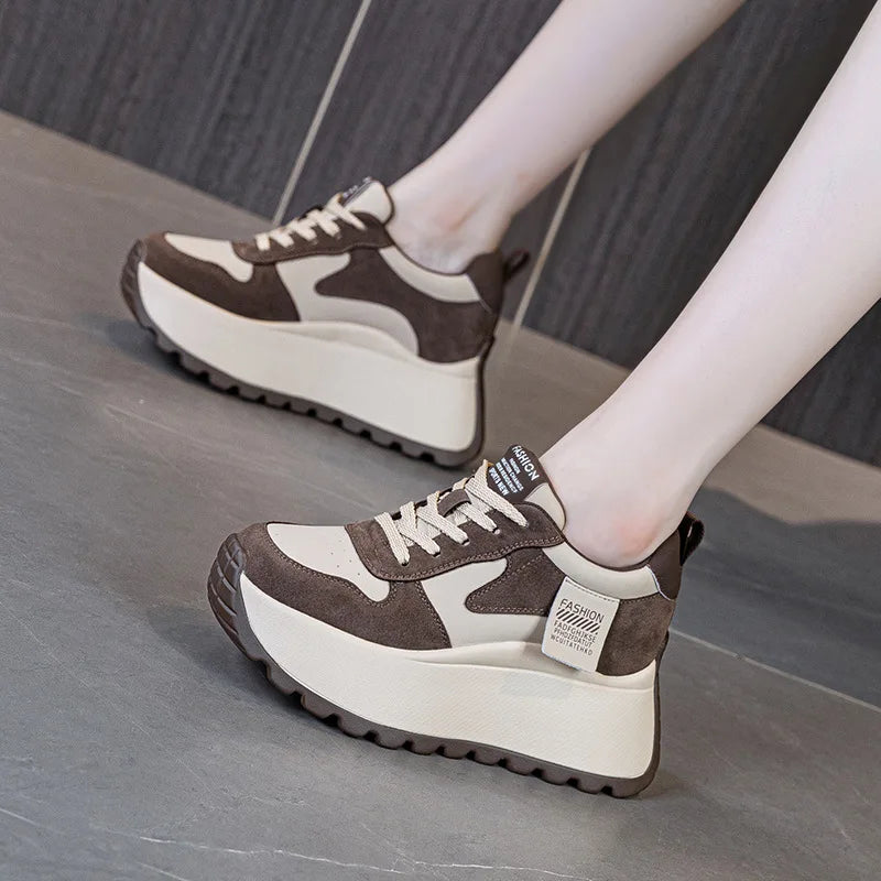 8cm Microfiber Leather Platform Wedge Fashion Women Spring Autumn Chunky Sneakers Shoes Breathable Comfortable Vulcanize