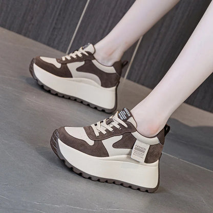 8cm Microfiber Leather Platform Wedge Fashion Women Spring Autumn Chunky Sneakers Shoes Breathable Comfortable Vulcanize