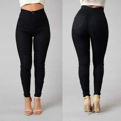 Solid Color Stretch Denim Jeans - Women's High-Waist Skinny Casual Pencil Pants