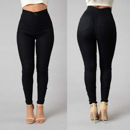 Solid Color Stretch Denim Jeans - Women's High-Waist Skinny Casual Pencil Pants