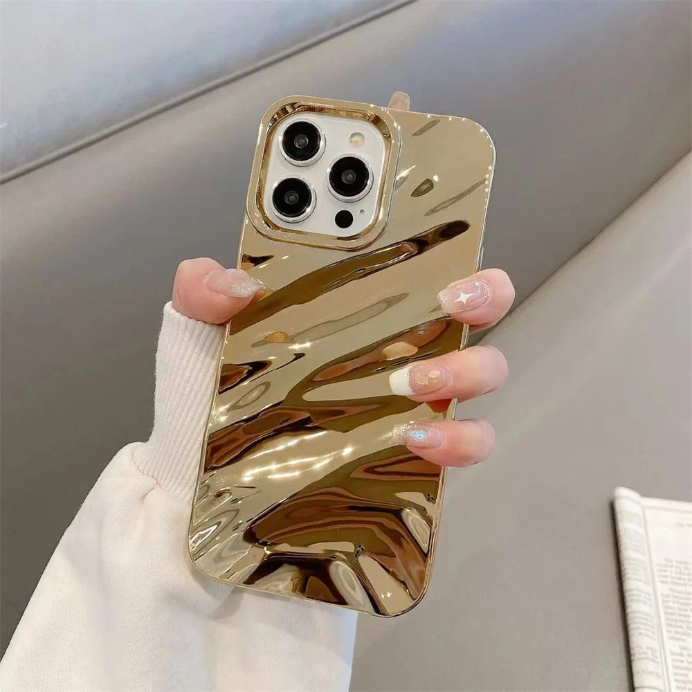 Luxury Plating 3D Wave Pattern Glossy Case For iPhone 16 15 14 13 12 11 Pro Max X XS Max XR 7 8 Plus Fashion Bright Bumper Cover