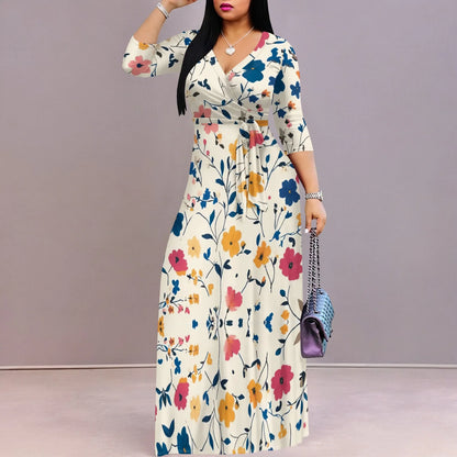 Vintage Floral V-Neck Maxi Dress - Casual Belted Summer Style