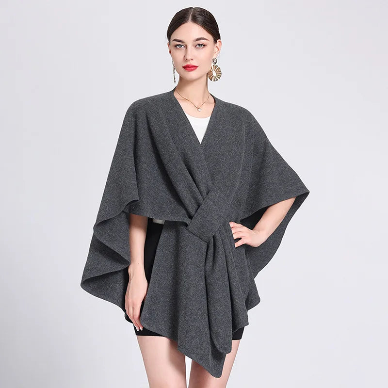 Casual Wool Blend Poncho Coat in Solid Color for Women