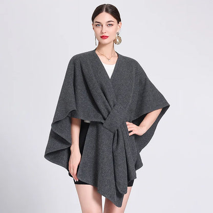 Casual Wool Blend Poncho Coat in Solid Color for Women