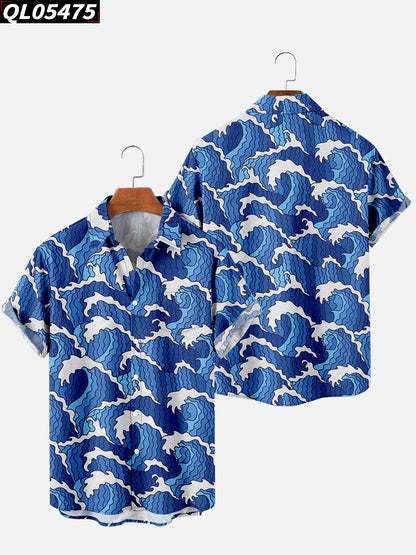 Alohadaddy Hawaiian Casual Plants Palm Leaves Print Art Pockets Buttons Elastic Large Size Shirt