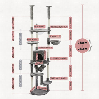 Adjustable 236-258cm Height Cat Scratching Post Tall Cat Tower with Hammock Condo Cozy Cat Tree Kitten Furniture Pet Cat Toys