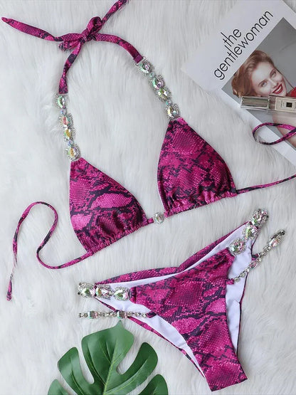 Halter Shiny Jewelled Diamond Bikini Women Swimwear Female Swimsuit Two-pieces Bikini Set Brazilian Bathing Suit Swim Beach Wear