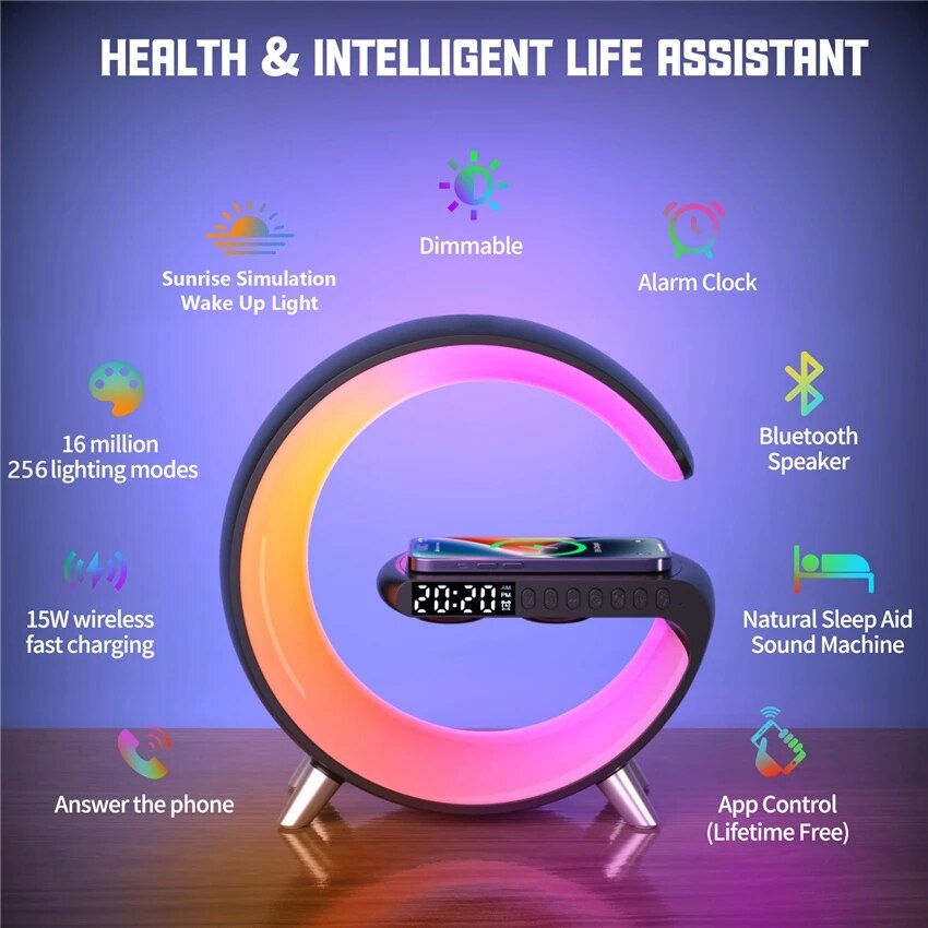 Multifunctional Wireless Charger + Stand Alarm Clock + Speaker RGB Light Fast Charging Station for iPhone X 11 12 13 14 Samsung Mobile Phones