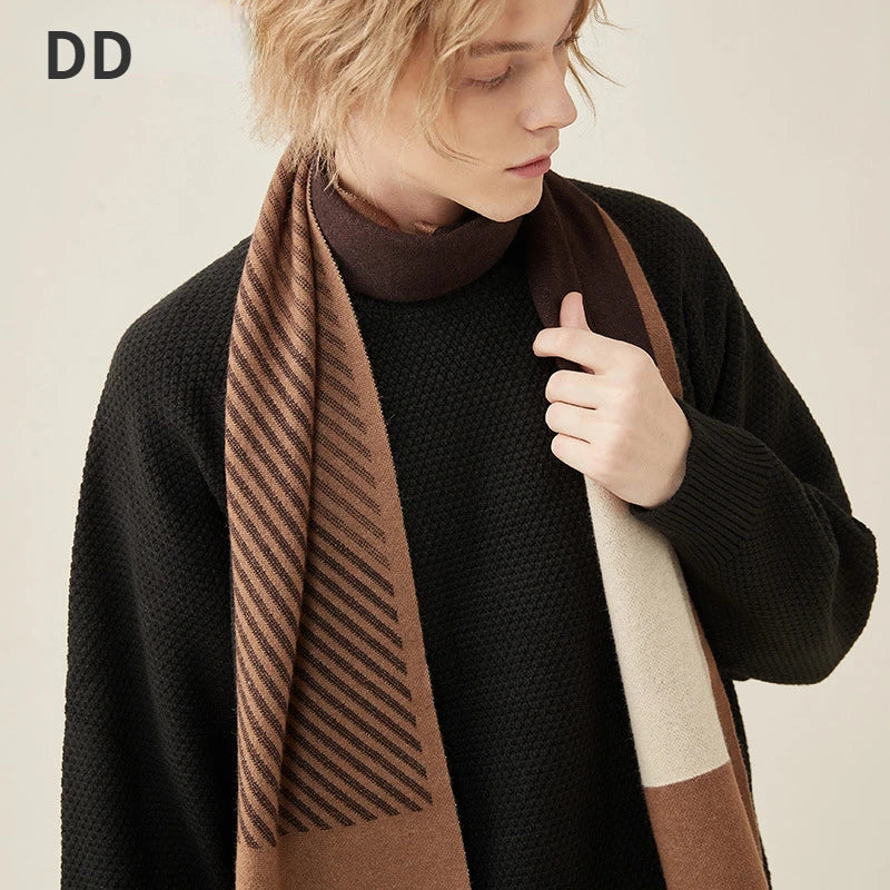 High Quality Wool Blend Scarf Men Thick Versatile Stripe Cashmere Muffler