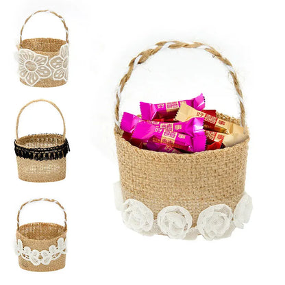 Wedding Lace Burlap Flower Basket Linen Candy Storage Bag Wedding Party Baby Shower Favour Gift Bag