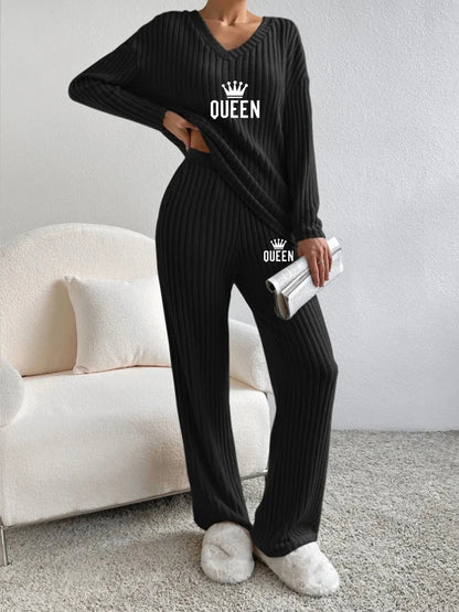 Women's V-Neck Ribbed 2-Piece Set for Fall and Winter