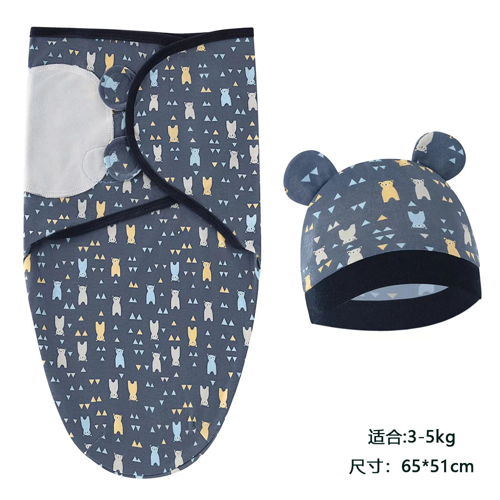 Newborn Cotton Baby Swaddle Wrap Adjustable Sleepsack Hat Set